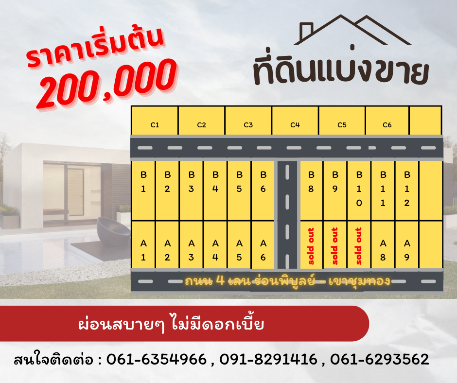 ที่ดินแบ่งขายเริ่มต้น 200,000 ผ่อนสบายๆไม่มีดอกเบี้ย