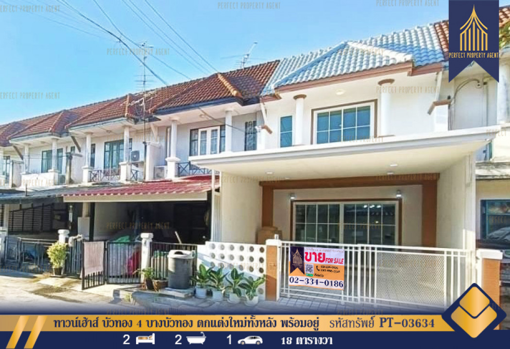 SaleHouse Townhome for sale, Baan Bua Thong 4, newly decorated throughout, ready to move in, 72 sq m., 18 sq m.
