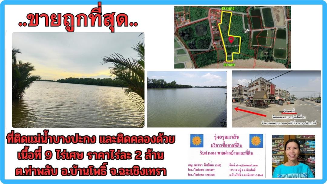 ขายที่ดิน  ขายที่ดินติดแม่น้ำบางปะกง 9 ไร่เศษ (ถมแล้วบางส่วน) ต.ท่าพลับ อ.บ้านโพธิ์ จ.ฉะเชิงเทรา