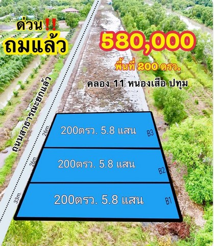 SaleLand ที่ดินคลองสิบเอ็ด หนองเสือ ถมแล้ว ติดถนนสาธารณะ 200 ตรว.