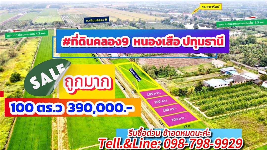 ที่ดินคลอง9 หนองเสือ ปทุมธานี 100 ตรว. 390,000 บาท