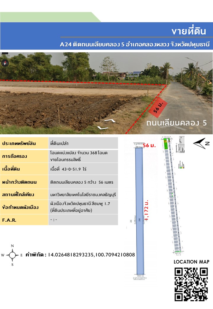 ขายที่ดิน ขายที่ดินรังสิตคลอง 5 ทำเลดี เจ้าของขายเอง ยินดีรับนายหน้า !!