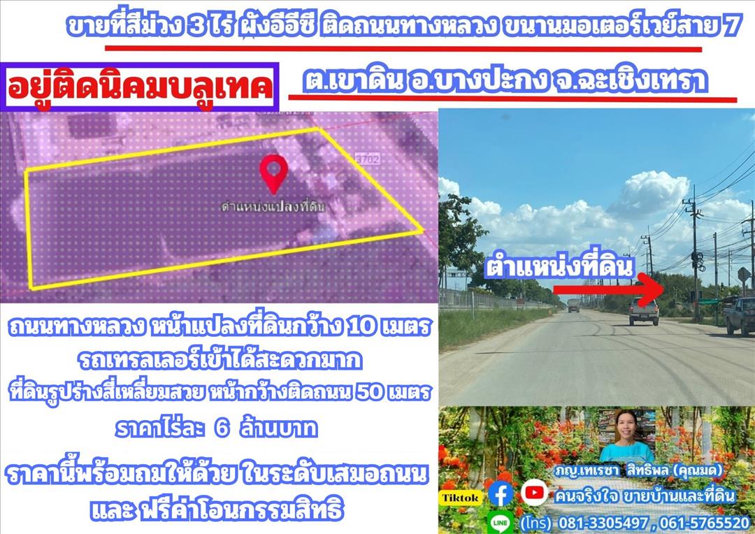 ขายที่สีม่วง 3 ไร่ ผังอีอีซี ติดถนนทางหลวงหมายเลข 3702 รถเทรลเลอร์เข้าได้ อยู่ติดนิคมบลูเทค ต.เขาดิน