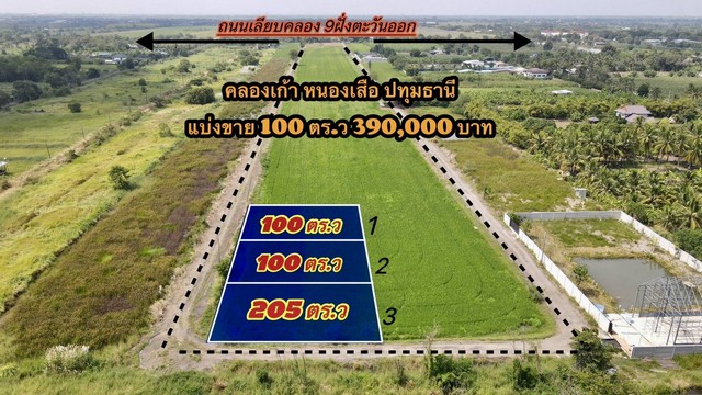 ที่ดินคลอง 9 หนองเสือ ปทุมธานี แบ่ง 100 และ 205 ตารางวา