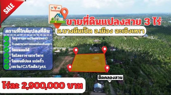 ขายที่ดิน ขายที่ดินแปลงสวย ต.บางตีนเป็ด อ.เมือง จ.ฉะเชิงเทรา เนื้อที่ 3 ไร่ 9 ตร.ว. โทร 081-435-2828