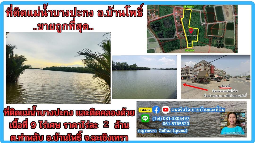  ขายที่ดินติดแม่น้ำบางปะกง 9 ไร่เศษ (ถมแล้วบางส่วน) ต.ท่าพลับ อ.บ้านโพธิ์ จ.ฉะเชิงเทรา