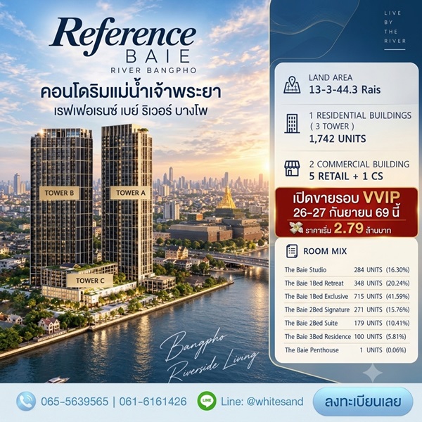 ด่วน! Reference BAIE River Bangpho เปิดสิทธิ์รอบ VVIP 26–27 ก.ย.69 นี้ คอนโดหรูริมแม่น้ำเจ้าพระยา 