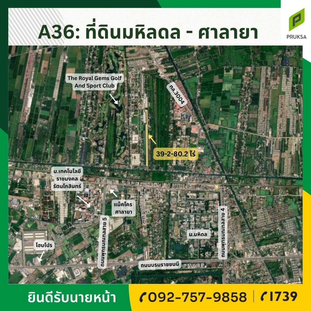 ขายที่ดินเปล่าแปลงใหญ่ ย่านมหิดล-ศาลายา (รหัส A36) 